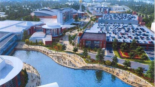 An artist’s rendering of plans for a mixed-use development at Infinite Energy Center in Duluth.
