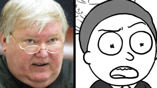 Judge Bryant Durham Jr., left, and a YouTube screen capture, right, of Morty from the Adult Swim animated series "Rick and Morty."