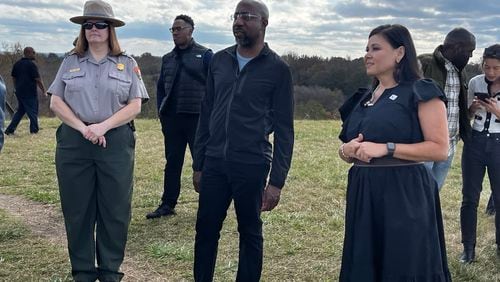 U.S. Sen. Raphael Warnock on Monday visits the Ocmulgee Mounds National Historic Park, which he and other Georgia leaders, in a bipartisan effort, hope to turn into the state's first national park and preserve. “To spend time on this land is to take seriously the complicated American story. So much rich culture. So many stories of a resilient people,” Warnock said. “We’re standing on holy ground.” Greg Bluestein/AJC.