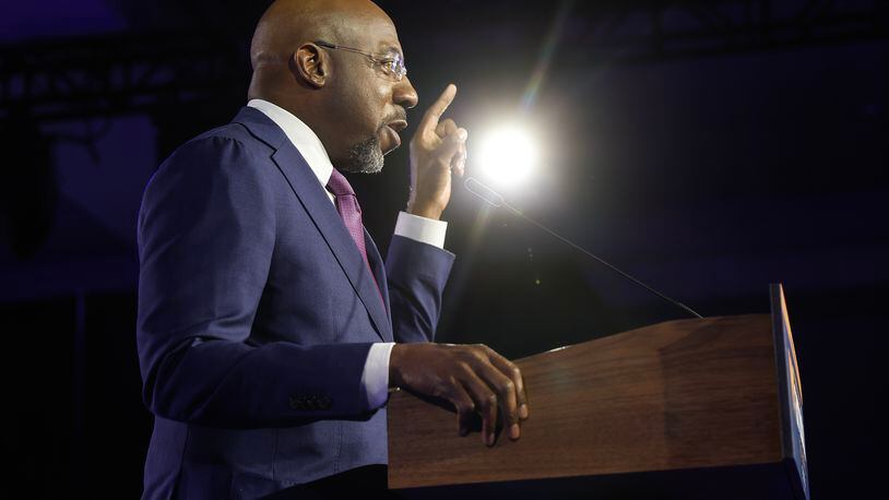Sen. Raphael Warnock speaks to supporters following his senate runoff victory on Tuesday, December 6, 2022. (Natrice Miller/natrice.miller@ajc.com)  
