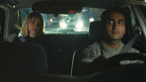 Kumail Nanjiani, right, and Zoe Kazan portray a couple in love in “The Big Sick.” (Lionsgate via AP)