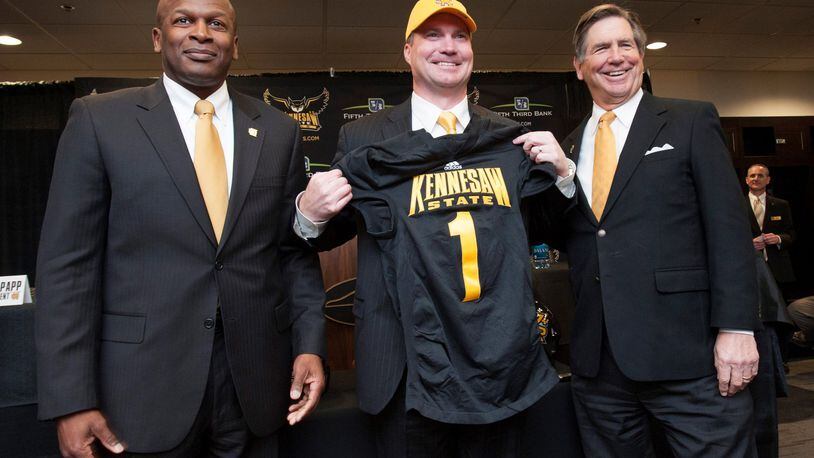 The three men most responsible for the fielding of Kennesaw State’s first football team: Athletic director Vaughn Williams, university President Daniel Papp, football coach Brian Bohannon. (Courtesy of KSU)
