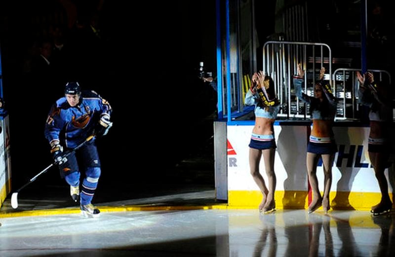 Thrashers' captain Ilya Kovalchuk enters the ice during team introductions in the Thrashers' season opener against Tampa Bay Lightning at Philips Arena.