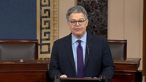 In this image from video from Senate Television, Sen. Al Franken, D-Minn., speaks on the Senate floor of the Capitol in Washington, Thursday morning, Dec. 7, 2017.  Franken said he will resign from the Senate in coming weeks following a wave of sexual misconduct allegations and a collapse of support from his Democratic colleagues, a swift political fall for a once-rising Democratic star.