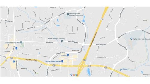 The Academy Street/Webb Bridge Road Corridor in Alpharetta will be the subject of a consultant’s $283,033 assignment to plan bicycle, pedestrian and operational improvements for the street. GOOGLE MAPS