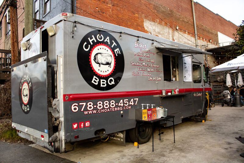 The Choate BBQ food truck parked outside of Truck and Tap, a craft brewery that hosts different food trucks in Woodstock, Georgia on Feb. 16. (Sarah Swetlik/Fresh Take Georgia)