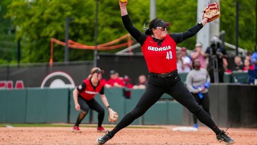 Georgia pitcher Shelby Walters (48) delivers a pitch during the Bulldogs' game against Florida at Jack Turner Stadium in Athens on Sunday, April 28, 2024. (Tony Walsh/UGA Athletics)