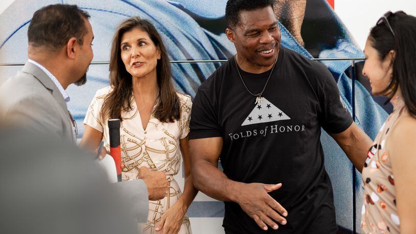Former U.N. Ambassador Nikki Haley, an Indian American, campaigned in September with Republican U.S. Senate candidate Herschel Walker at the Global Mall in in Norcross. Ben Gray for the Atlanta Journal-Constitution