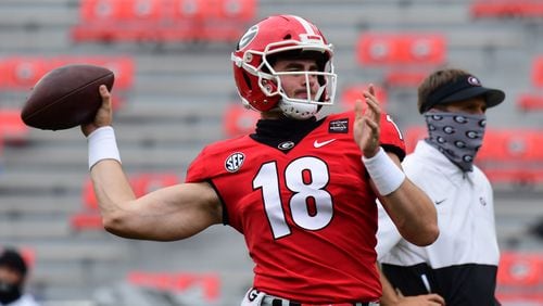 Georgia quarterback JT Daniels (18) during the Bulldogs' game with Tennessee in Athens, Ga., on Saturday, Oct. 10, 2020. (Photo by Perry McIntyre)