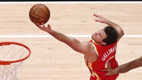 Hawks forward Danilo Gallinari goes to the basket against the Brooklyn Nets Wednesday, Jan. 27, 2021, at State Farm Arena in Atlanta. (Curtis Compton / Curtis.Compton@ajc.com)