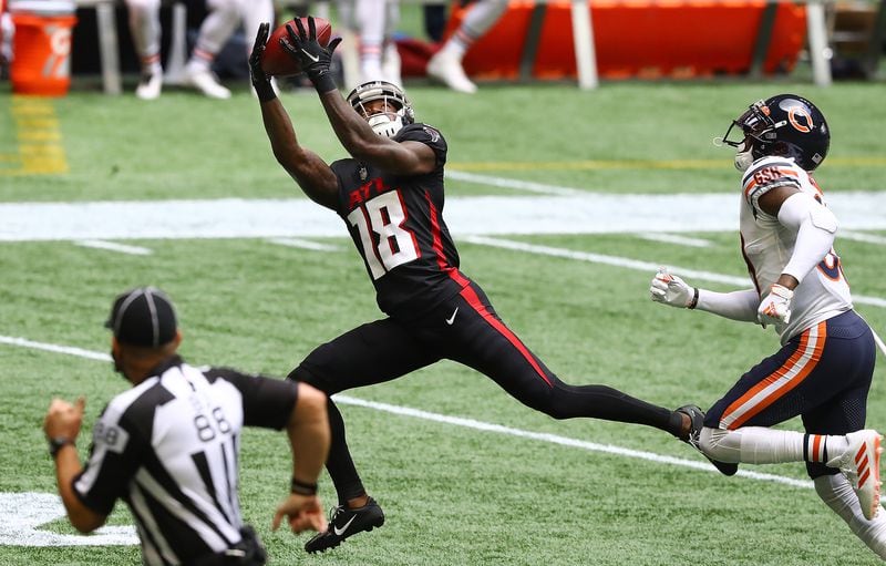 Falcons wide receiver Calvin Ridley catches a long pass from quarterback Matt Ryan to setup a touchdown on the Falcons' first drive and first offensive play of the game against the Chicago Bears Sunday, Sept. 27, 2020, at Mercedes-Benz Stadium in Atlanta. (Curtis Compton / Curtis.Compton@ajc.com)