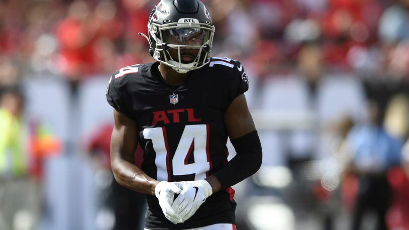 Falcons wide receiver Russell Gage (14) during the first half against the Tampa Bay Buccaneers Sunday, Sept. 19, 2021, in Tampa, Fla. (Jason Behnken/AP)