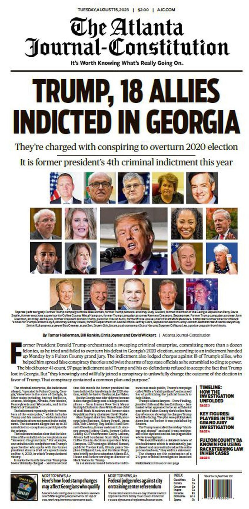 The front page of The Atlanta Journal-Constitution on August 15, 2023, featured a collage of all 19 defendants facing racketeering and other charges in Fulton County including former President Donald Trump.