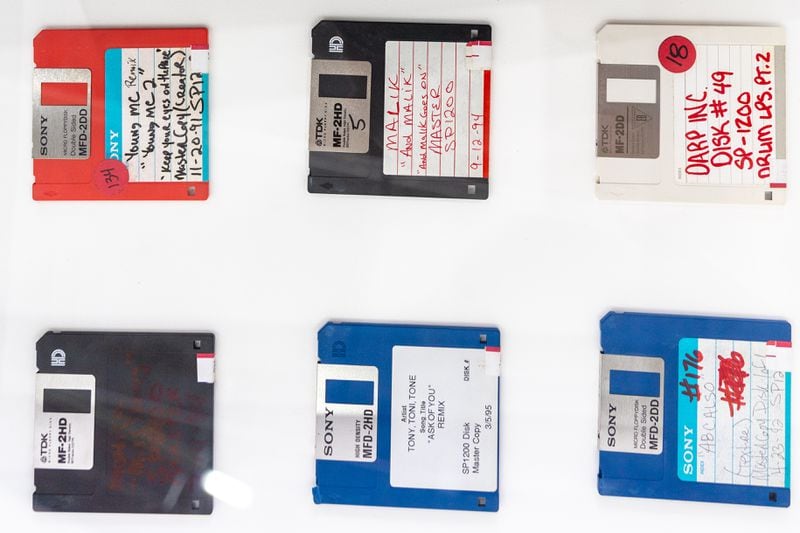 Floppy disks are on display during a soft launch of a hip-hop pop-up experience at Underground Atlanta on Friday, September 1, 2023. Hip-hop celebrates its 50th anniversary this year. (Arvin Temkar / arvin.temkar@ajc.com)