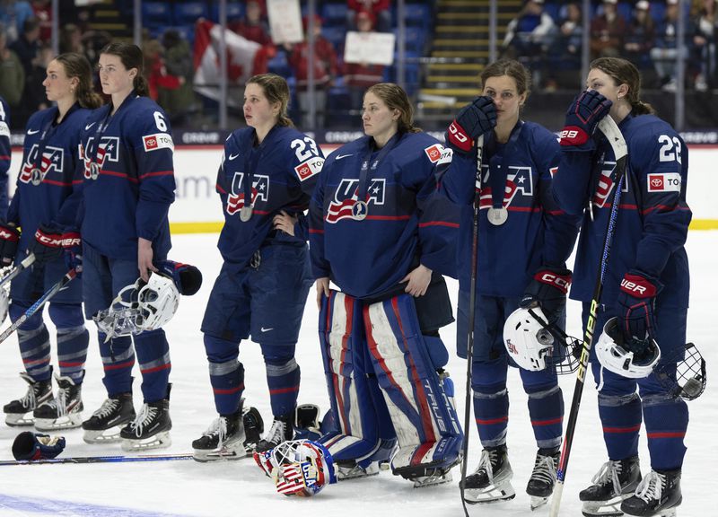 United States players react following their loss to Canada in the gold medal game at the women's world hockey championships in Utica, N.Y., Sunday, April 14, 2024. (Christinne Muschi/The Canadian Press via AP)