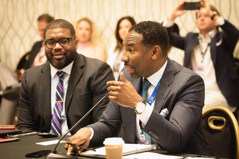 Atlanta Chief of Staff Odie Donald II (left) watches as Atlanta Mayor Andre Dickens leads the U.S. Conference of Mayors’ new Public-Private Partnership Task Force during their 90th annual meeting in Reno, Nevada, in June 2022. (City of Atlanta)