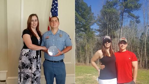 Autumn Bausch weighed 230 pounds in the photo on the left, taken in 2014 with her husband, John. She weighed 155 pounds in the photo on the right, which was taken this month, also with John, who has been her “support buddy” through the weight-loss program. (Photos contributed by Autumn Bausch)