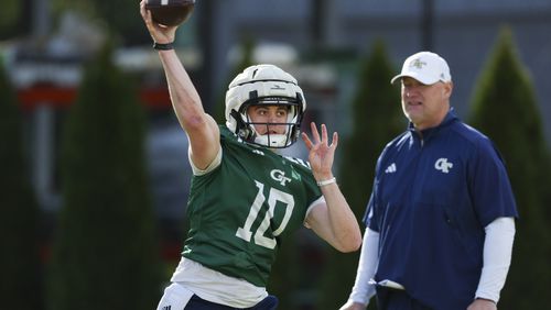 Georgia Tech quarterback Haynes King (10) attempts a pass during their first day of spring football practice at Rose Bowl Field, Monday, March 11, 2024, in Atlanta. (Jason Getz / jason.getz@ajc.com)