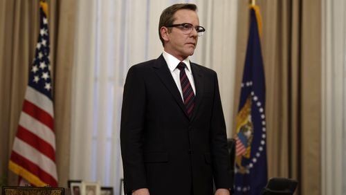 In this image released by ABC, Kiefer Sutherland portrays Tom Kirkman in a scene from “Designated Survivor.” (Ben Mark Holzberg/ABC via AP)