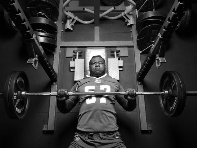 Carver-Columbus offensive lineman Elijah Pritchett’s wingspan stretches 7 feet. He was first-team All-State with the AJC last season for a 10-1 team that reached the Class 4A quarterfinals. Pritchett is among the AJC Super 11 selections - the 11 best high school football players in Georgia -  in 2021. (Tyson Alan Horne / Tyson.Horne@ajc.com)