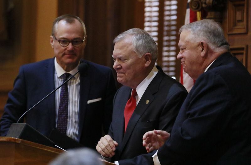 Left to right: Lt. Gov. Casey Cagle, Gov. Nathan Deal and House Speaker David Ralston at the General Assembly in January 2017. BOB ANDRES /BANDRES@AJC.COM