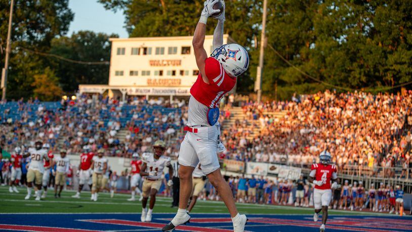Wide receiver Wyatt Sonderman makes a catch for a touchdown during the Walton v Brookwood game on Friday, August 25, 2023. (Jamie Spaar for the Atlanta Journal Constitution)