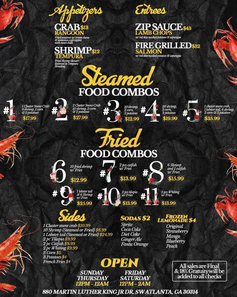 The menu for the Seafood Menu.