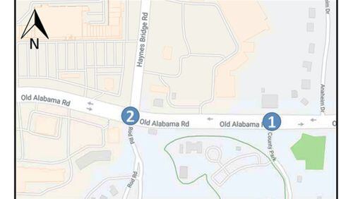 Map depicts the locations of two traffic signals to be upgraded on Old Alabama Road in Johns Creek. CITY OF JOHNS CREEK