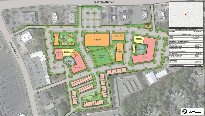 The 17-acre Sprayberry Crossing Shopping Center at the corner of East Piedmont and Sandy Plains roads would be redeveloped to include retail space, apartments, offices uses and an open air entertainment and food hall area.