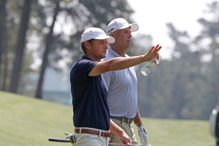 April 7, 2021, Augusta: Former Georgia Tech golfers Tyler Strafaci, left, and Stewart Cink walk to the fourth green after their tee shot during their practice round for the Masters at Augusta National Golf Club on Wednesday, April 7, 2021, in Augusta. Curtis Compton/ccompton@ajc.com