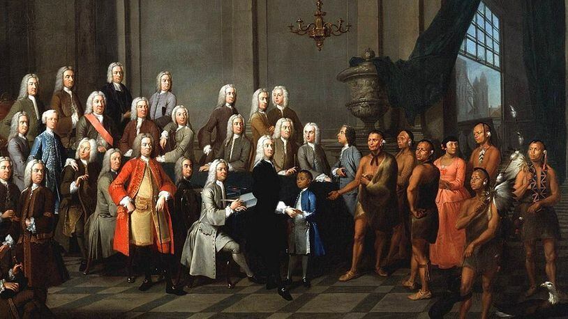 In London in 1734 - a year after James Oglethorpe landed in Savannah with the first English  colonists to start the Georgia colony, William Verelst painted Chief Tomochichi and a delegation of Yamacraw or Creek Native Americans with Oglethorpe and the Georgia Trustees. Oglethorpe is standing in the center, receiving an Indian boy by hand. (Courtesy of Wikipedia/public domain)