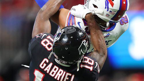 October 1, 2017 Atlanta: Buffalo Bills safety Micah Hyde intercepts a pass by Falcons quarterback Matt Ryan intended for wide receiver Taylor Gabriel during the second half in a NFL football game on Sunday, October 1, 2017, in Atlanta. Curtis Compton/ccompton@ajc.com