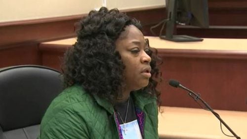Tanya Johnson spoke at sentencing in Clayton County for people convicted in the death of Quincy Suggs in 2014.