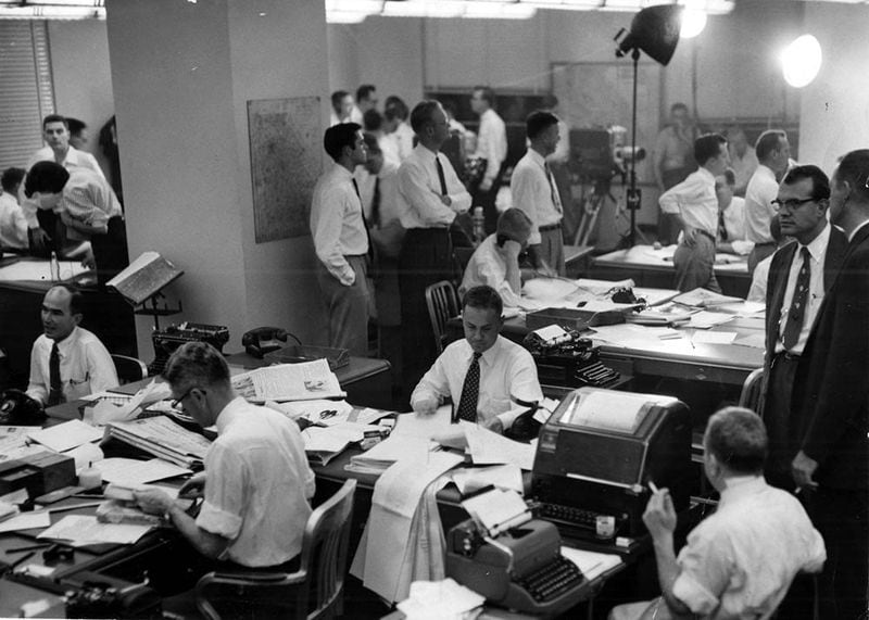 The Constitution newsroom was a busy place on Election Night in 1954. (Bill Wilson, AJC file)
