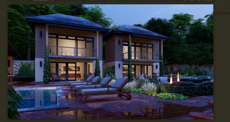 Pictured are renderings of bungalows from the swimming pool area of a private social club planned for Canton Street in Roswell. Courtesy Scott Rosenblum