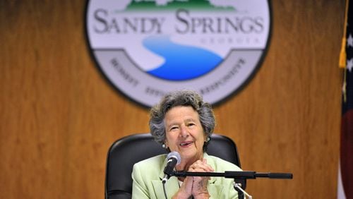 Sandy Springs Mayor Eva Galambos speaks during a city council meeting at Sandy Springs City Hall on Tuesday, June 18, 2013. Galambos has lived in Sandy Springs for almost five decades and was the driving force behind the city's incorporation. Galambos, the “founding mother” of Sandy Springs who led the 2005 push for cityhood and served as the new city’s first mayor, died April 19, 2015.