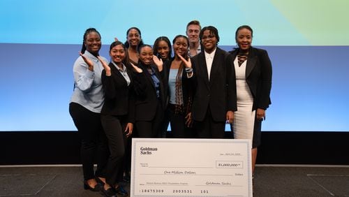Spelman College scholars, from left to right in the front row, Gabrielle Smith, Princess Dandoo, Victoria Woodward, Madison Porter, and Havelin Autry brought home the $1 million grand prize during the 3rd Annual Goldman Sachs competition on April 24. SPECIAL TO THE AJC from Goldman Sachs