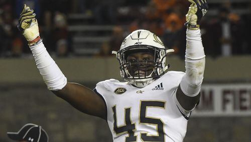 Charlie Thomas of the Georgia Tech Yellow Jackets reacts following a defensive stop against the Virginia Tech Hokies in the second half at Lane Stadium on October 25, 2018 in Blacksburg, Virginia. (Photo by Michael Shroyer/Getty Images)