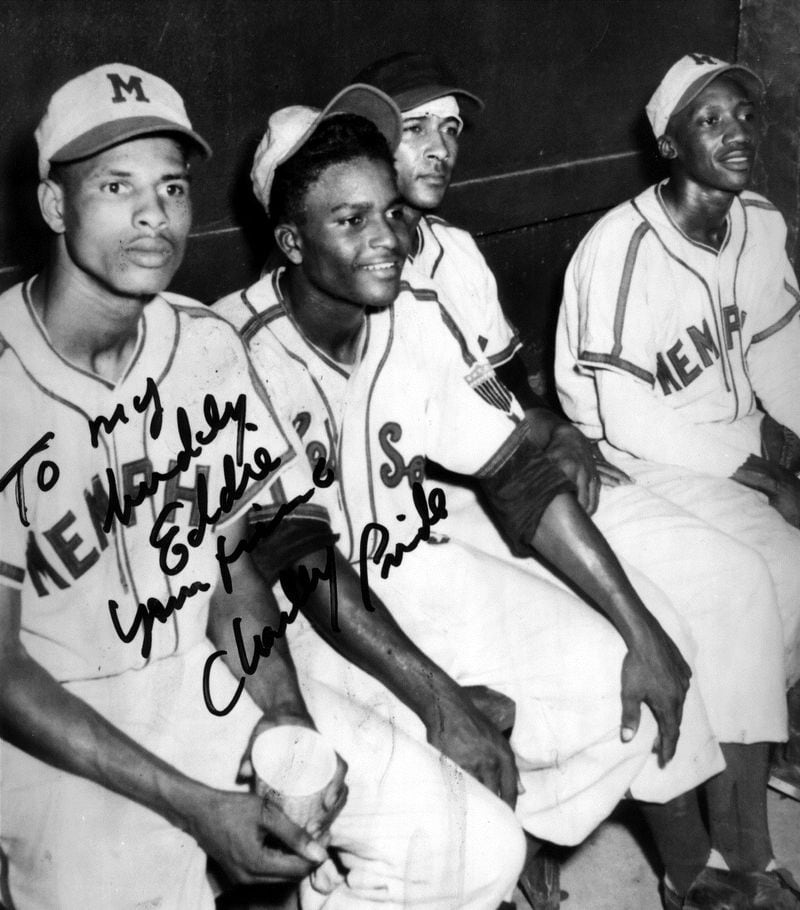 Charley Pride, center, played professional baseball in the Negro American League from 1953-58 as a pitcher and outfielder for the Memphis Red Sox. (Negro League Museum)