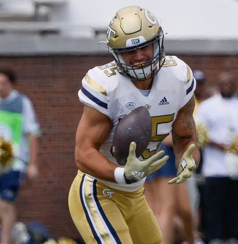 Tight end Billy Ward makes a reception during Georgia Tech's spring football game in Atlanta on Saturday, April 15, 2023.   (Bob Andres for the Atlanta Journal Constitution)