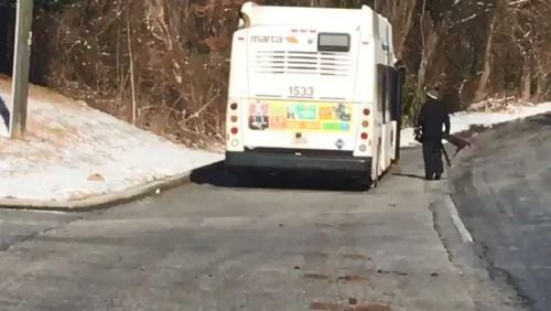 A MARTA bus skidded off an icy Panthersville Road in DeKalb County on Wednesday morning.
