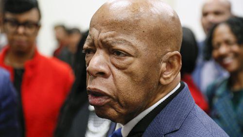 Congressman John Lewis talks with reporters after signing paperwork to qualify for reelection to his District 5 seat in Atlanta on March 2, 2020. (Bob Andres/Atlanta Journal-Constitution via AP)