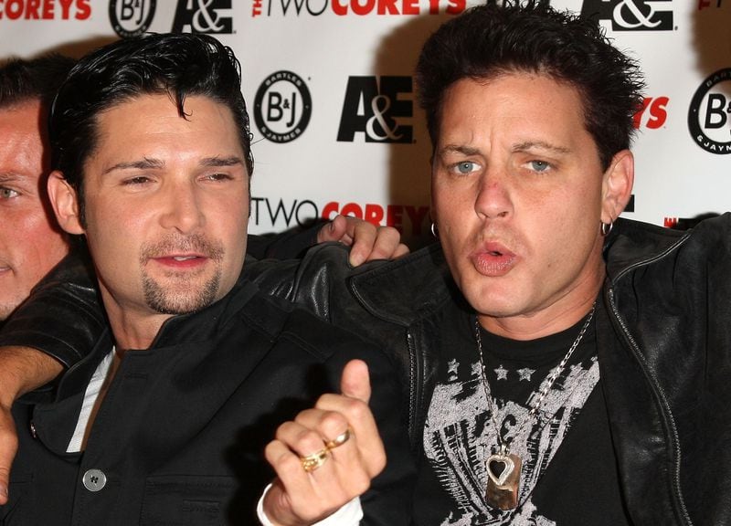 Actors Corey Feldman, left, and Corey Haim, right, attend the A&E Premiere Of 'The Two Coreys' held at Sugar nightclub on July 27, 2007 in Hollywood California.  