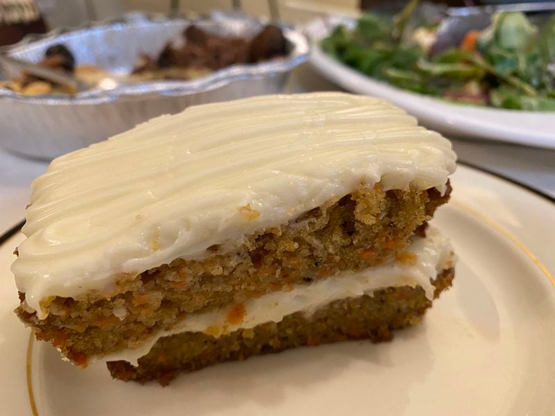 A dinner from Mercer Street Meals always comes with dessert, such as a mini carrot cake for two. Ligaya Figueras/ligaya.figueras@ajc.com
