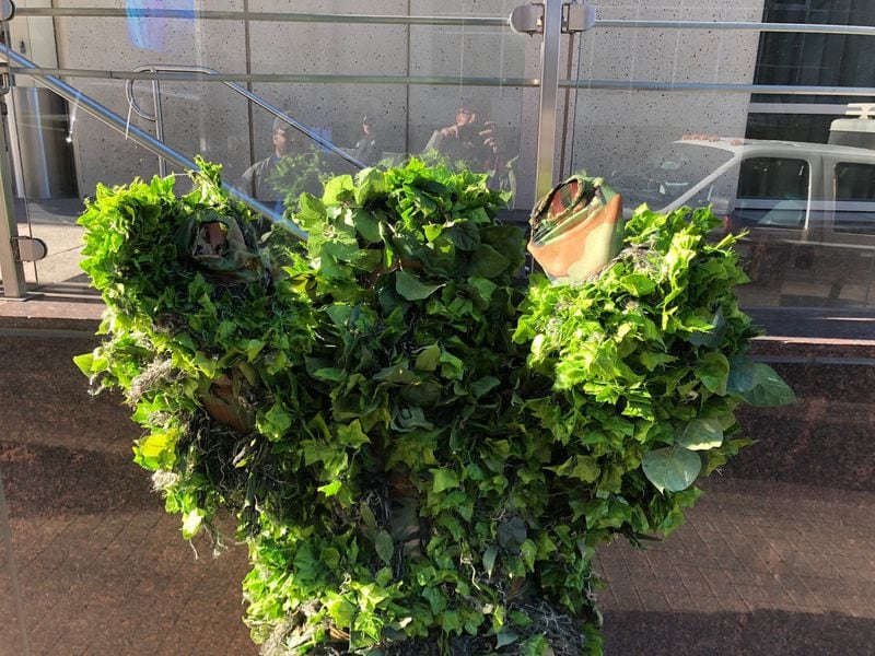 A master of surprise, Oregonian Ryan Lewis has been making fans laugh disguised as a shrub near Mercedes-Benz Stadium. (Contributed)