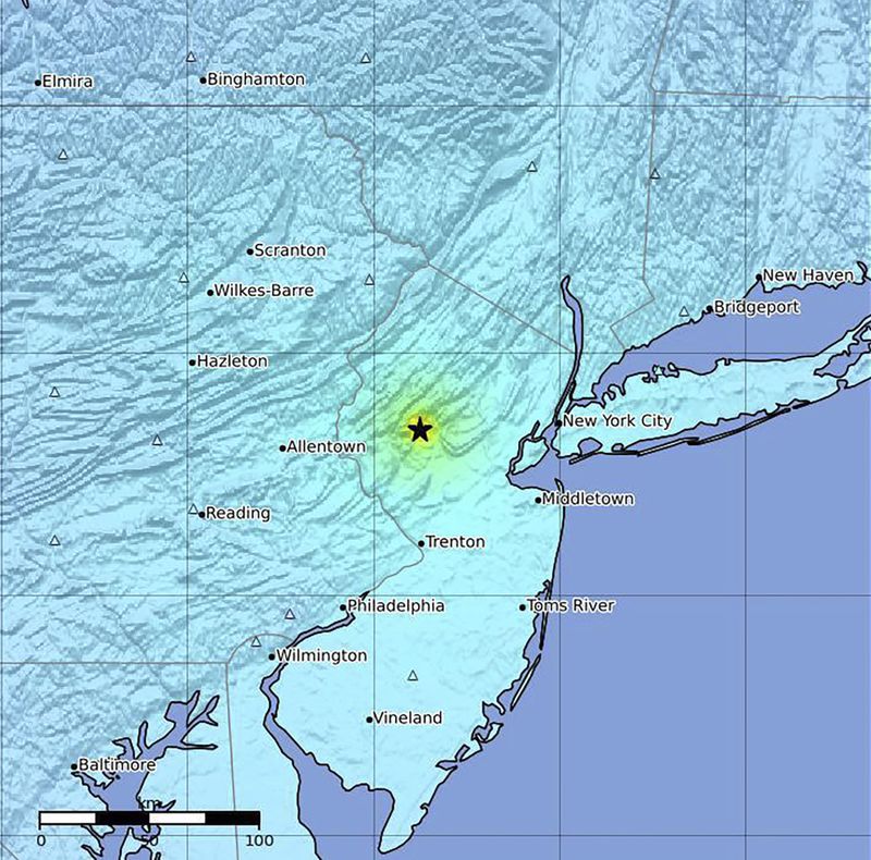 This image provided by U.S. Geological Survey shows the epicenter of an earthquake on the East Coast of the U.S. on Thursday, April 5, 2024. An earthquake shook the densely populated New York City metropolitan area Friday morning, the U.S. Geological Survey said, with residents across the Northeast reporting rumbling in a region where people are unaccustomed to feeling the ground move. (U.S. Geological Survey via AP)