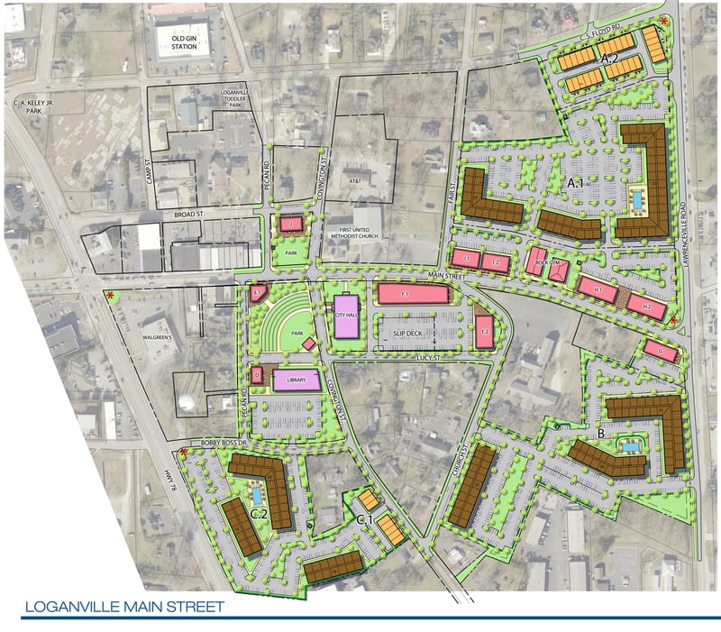 The site plan for Loganville's proposed $180 million downtown redevelopment project. VIA CITY OF LOGANVILLE