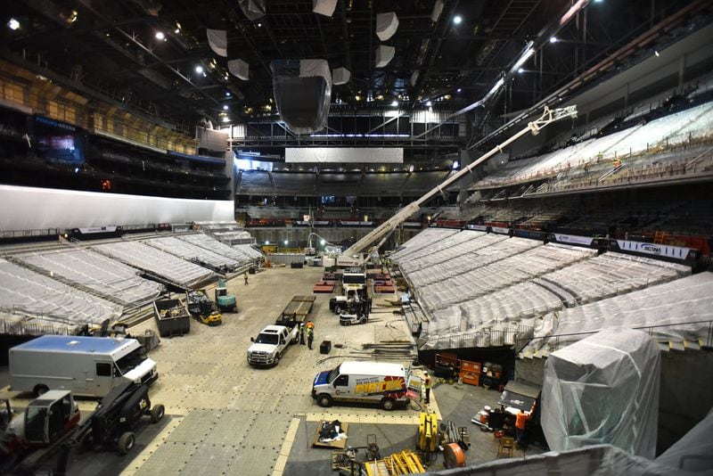 Seats are covered during construction of what’s now known as State Farm Arena in June 2017. HYOSUB SHIN / HSHIN@AJC.COM