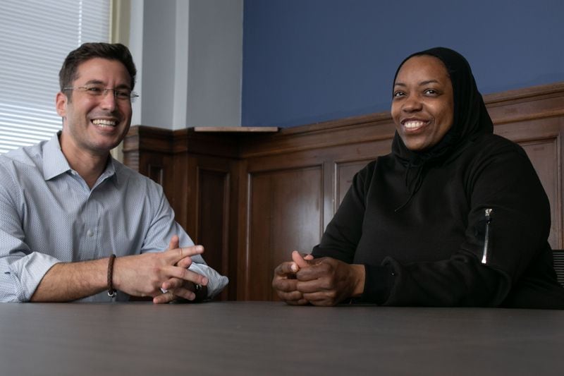 Camden Coalition attorney Landon Hacker (left) was assigned Veronica Benson’s housing case in 2022 and the two have worked together since. Photo by Courtney Curtis, Youthcast Media Group.