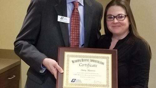 Dacula Accounting Technician Amy Morris recently received a Municipal Revenue Administration Certificate from the Georgia Municipal Association. Courtesy City of Dacula